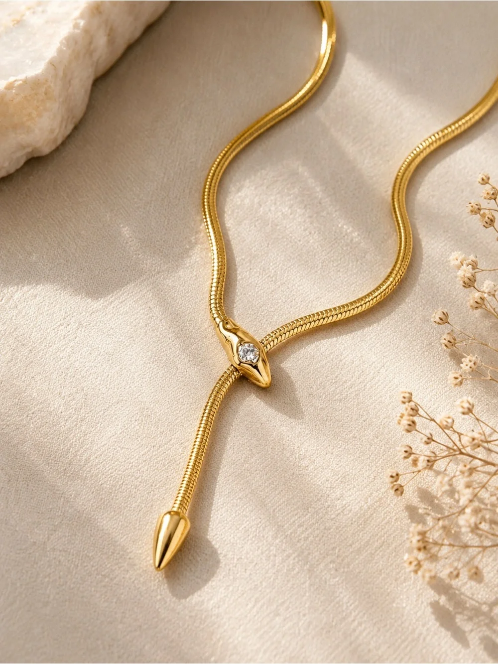 Anthropologie Gold Snake Lariat Necklace w/ Crystal Accent Statement Chain